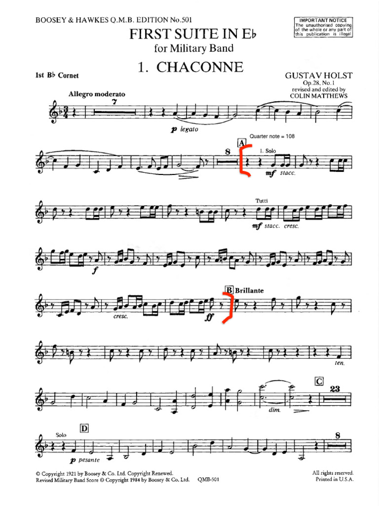 Holst - First Suite in Eb - BB Cornet 1 | PDF