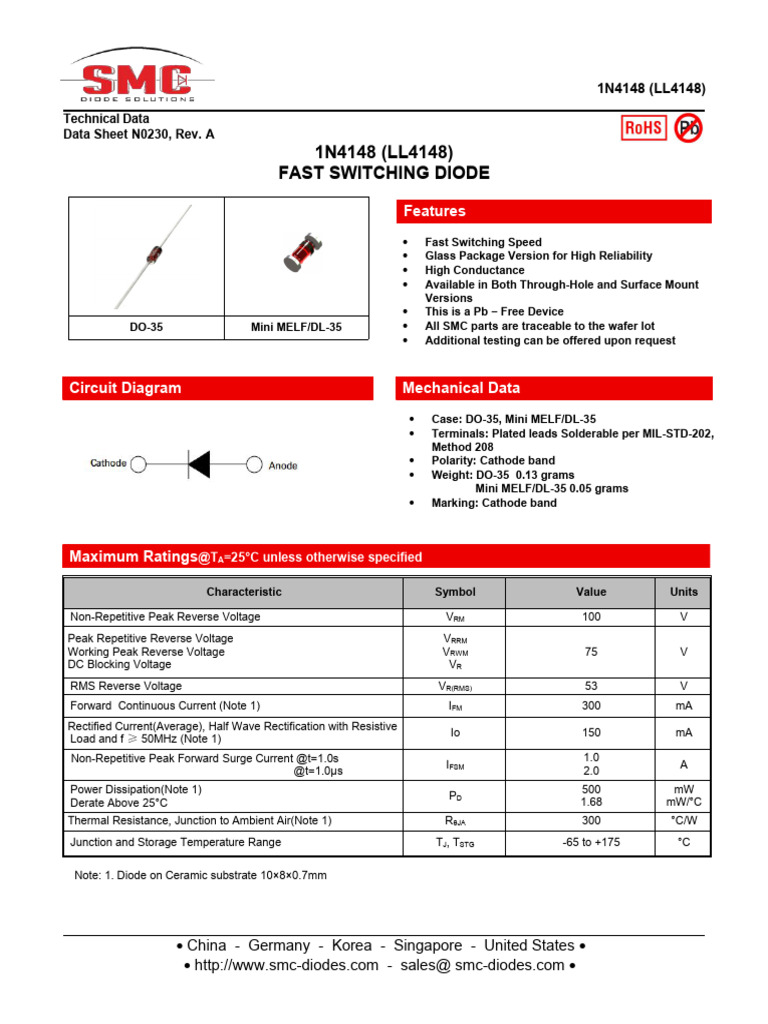 1N4148 Fast Switching Diode Data Sheet | PDF | Diode | Rectifier