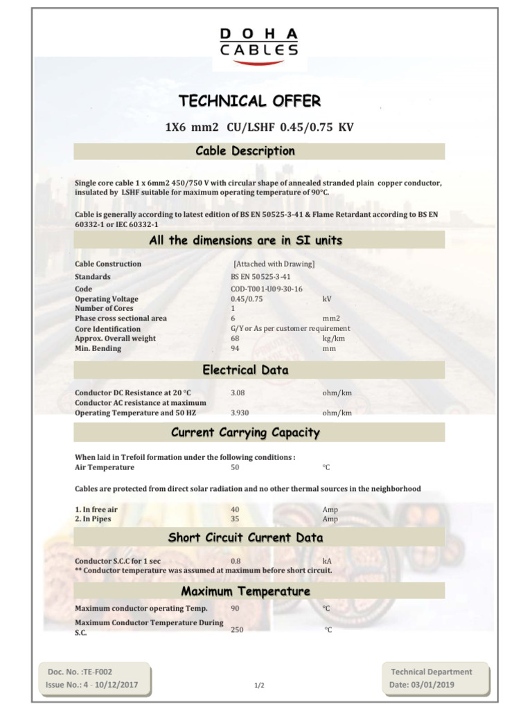 Doha Cables Technical Data Sheet | PDF | Electrical Conductor ...