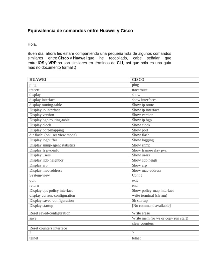 Huawei-Cisco Command Equivalence Guide | PDF | Communications Protocols ...