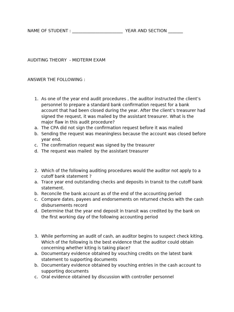 Auditing Theory Midterm Exam Guide | PDF | Internal Control | Audit