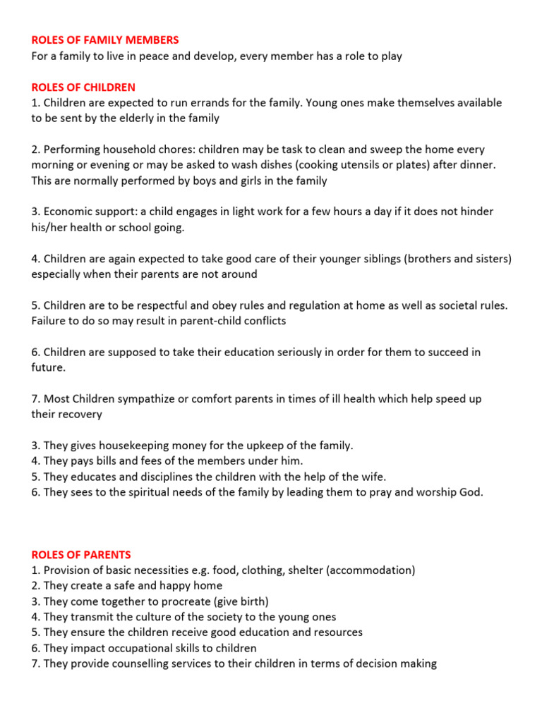 Essential Roles of Family Members | PDF | Housekeeping | Social Psychology