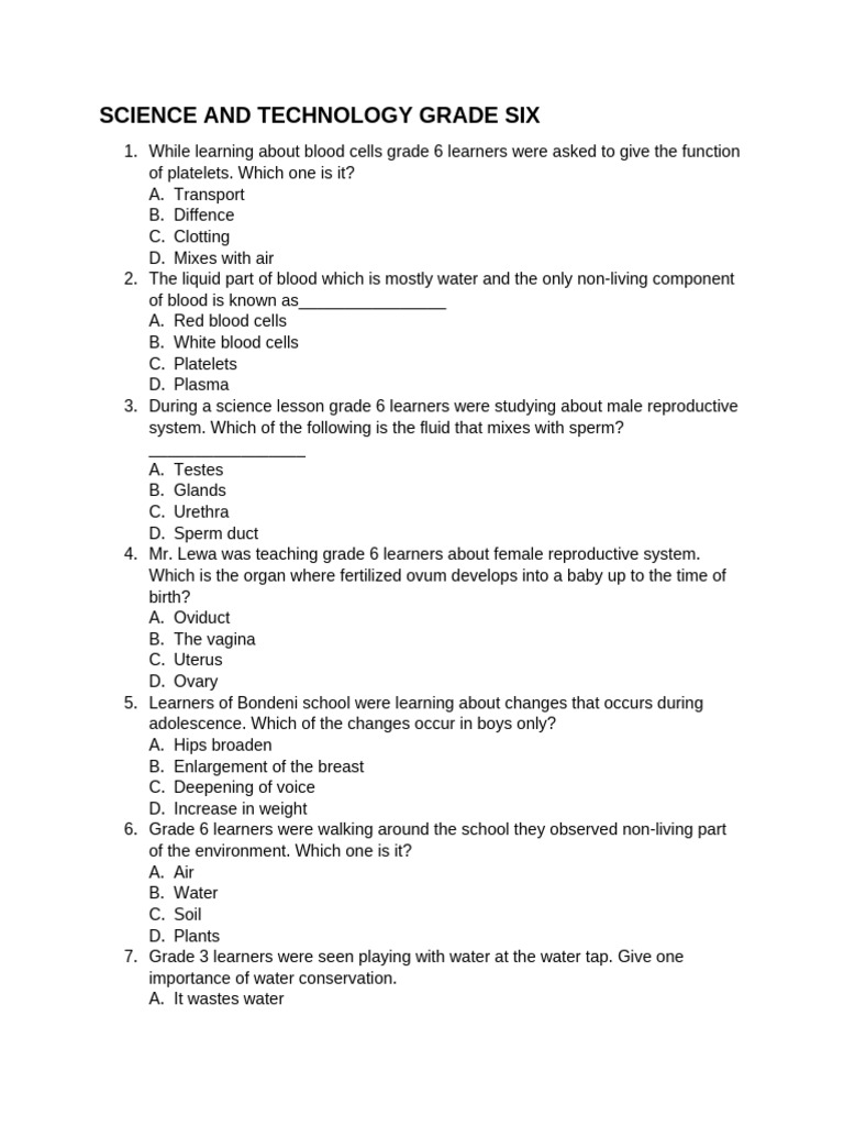 Grade 6 Science Exam Questions | PDF | Zoology