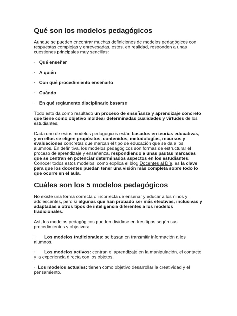 Modelos pedagógicos: definición y tipos | PDF | Enseñando | Aprendizaje