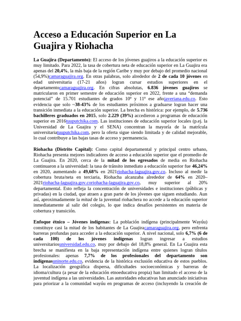 Acceso A Educación Superior en La Guajira y Riohacha | PDF | Educación ...