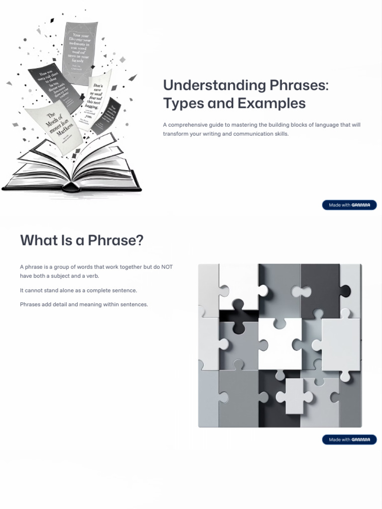 Mastering Language: Types of Phrases | PDF | Verb | Phrase