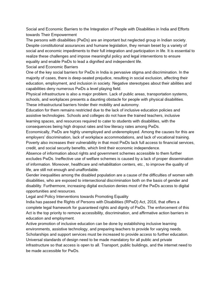 Social and Economic Barriers To The Integration of People With ...