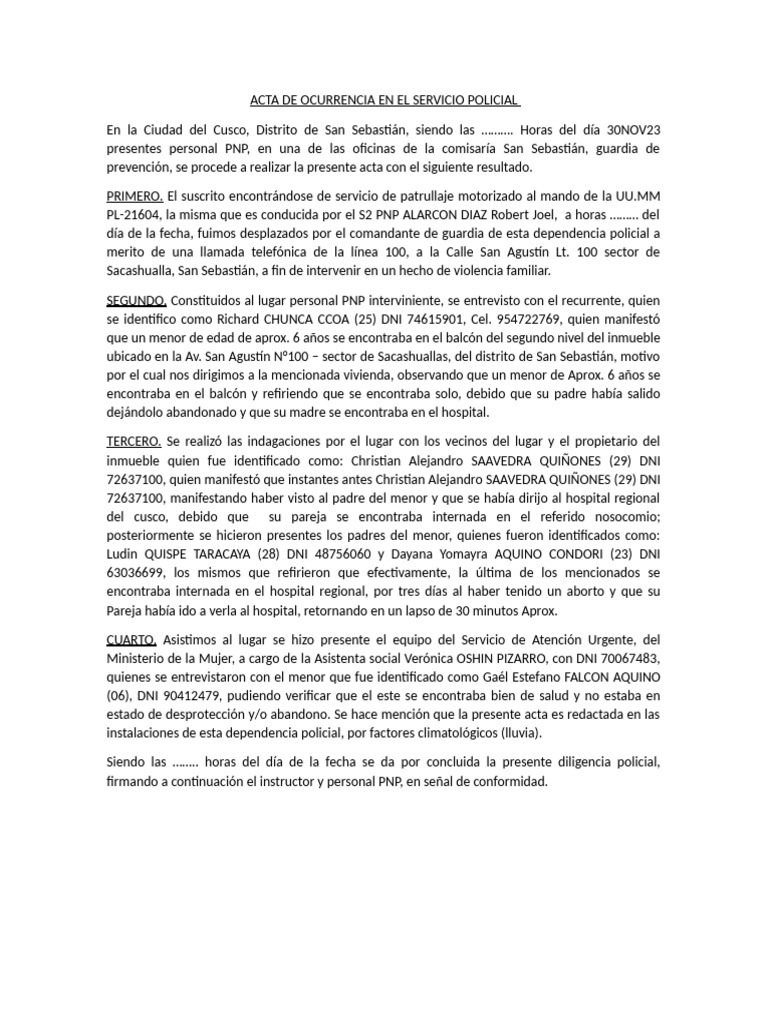 Acta de Intervención por Violencia Familiar | PDF