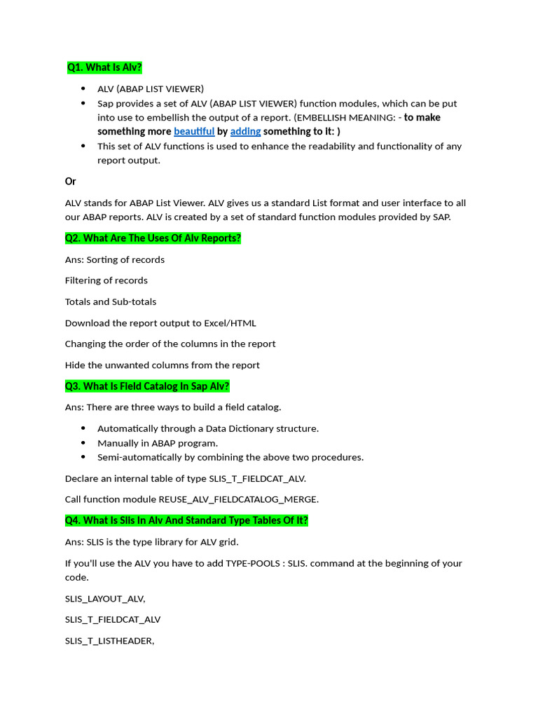 ALV Reports: Key Interview Questions | PDF | Computer Program | Programming
