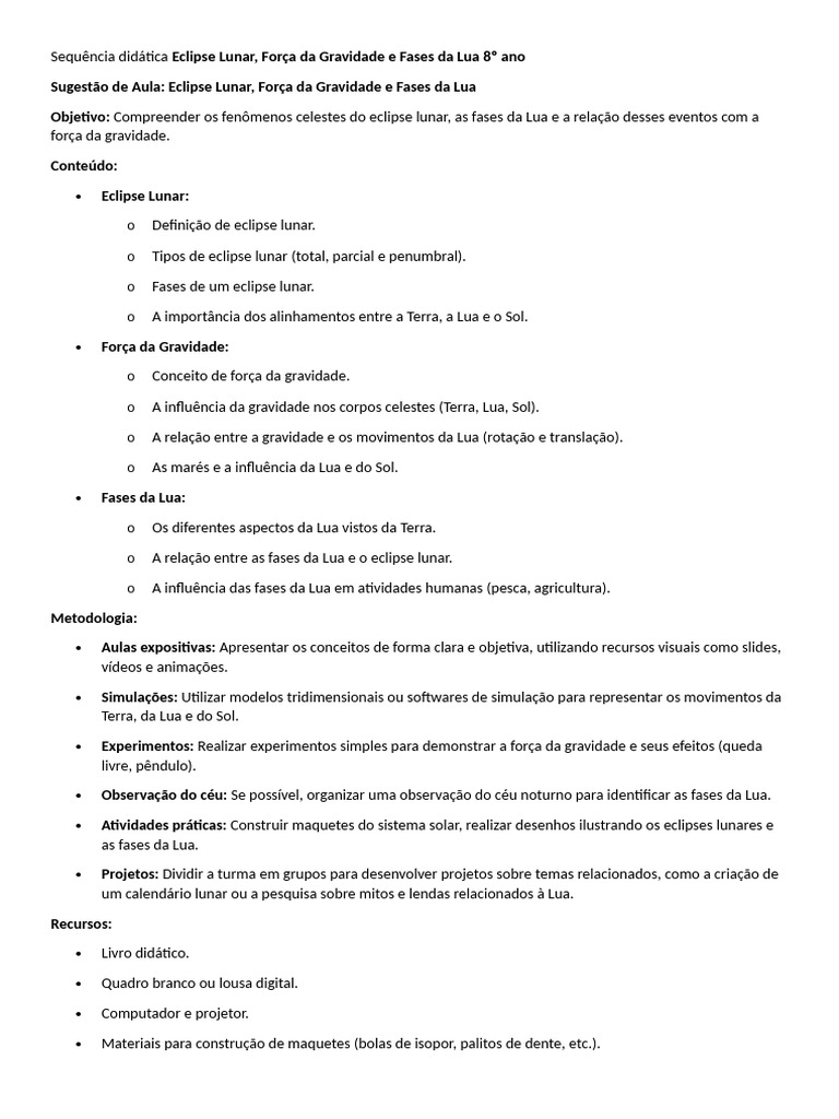 Eclipse Lunar e Fases da Lua 8º Ano | PDF | Lua | Eclipse