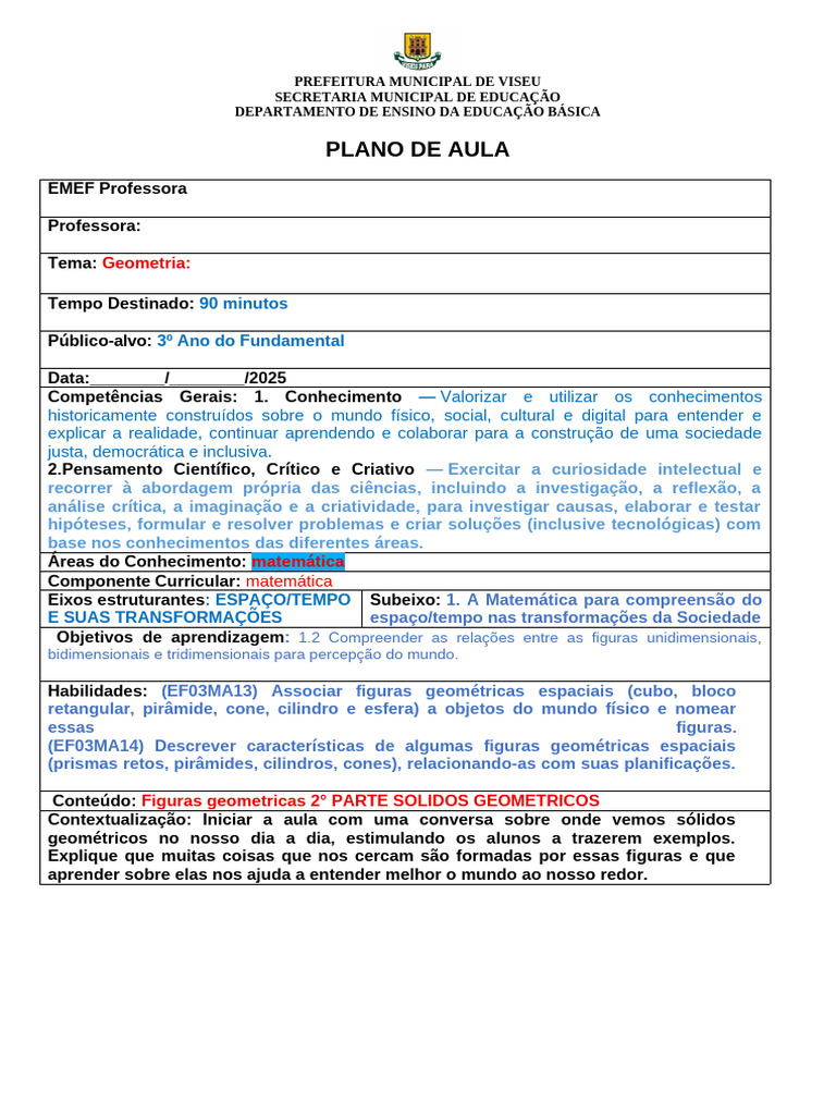 Plano de Aula em Branco | PDF | Geometria | Matemática