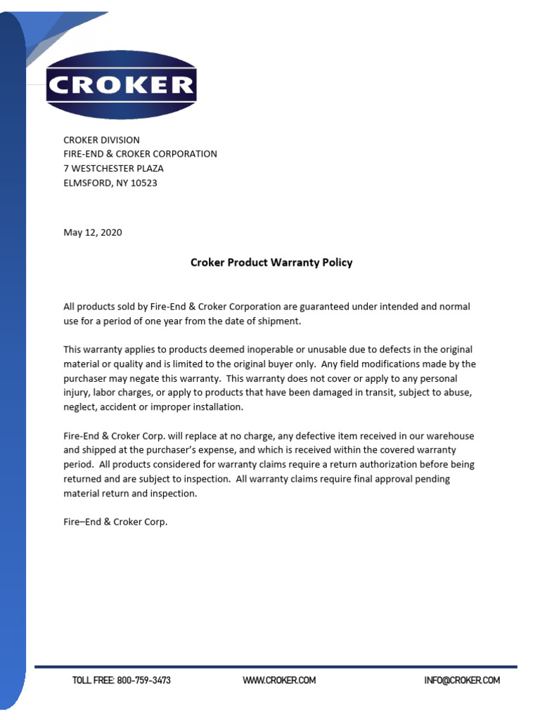 Croker Product Warranty Policy Details | PDF