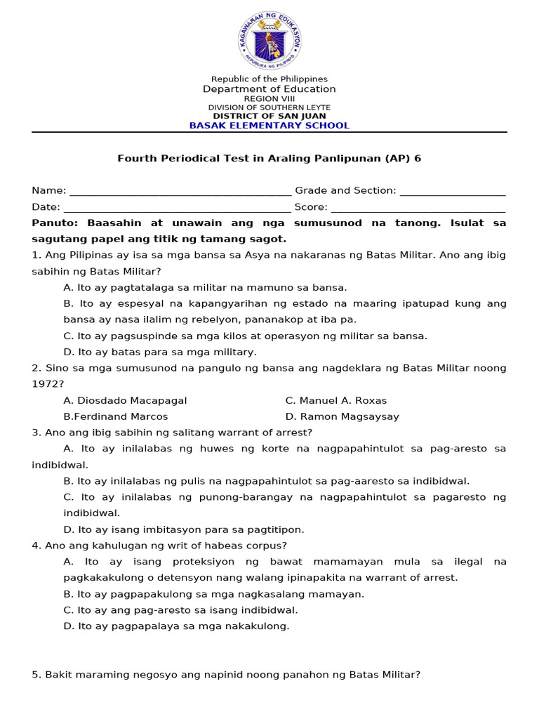 Fourth Periodical Test in AP 6 | PDF