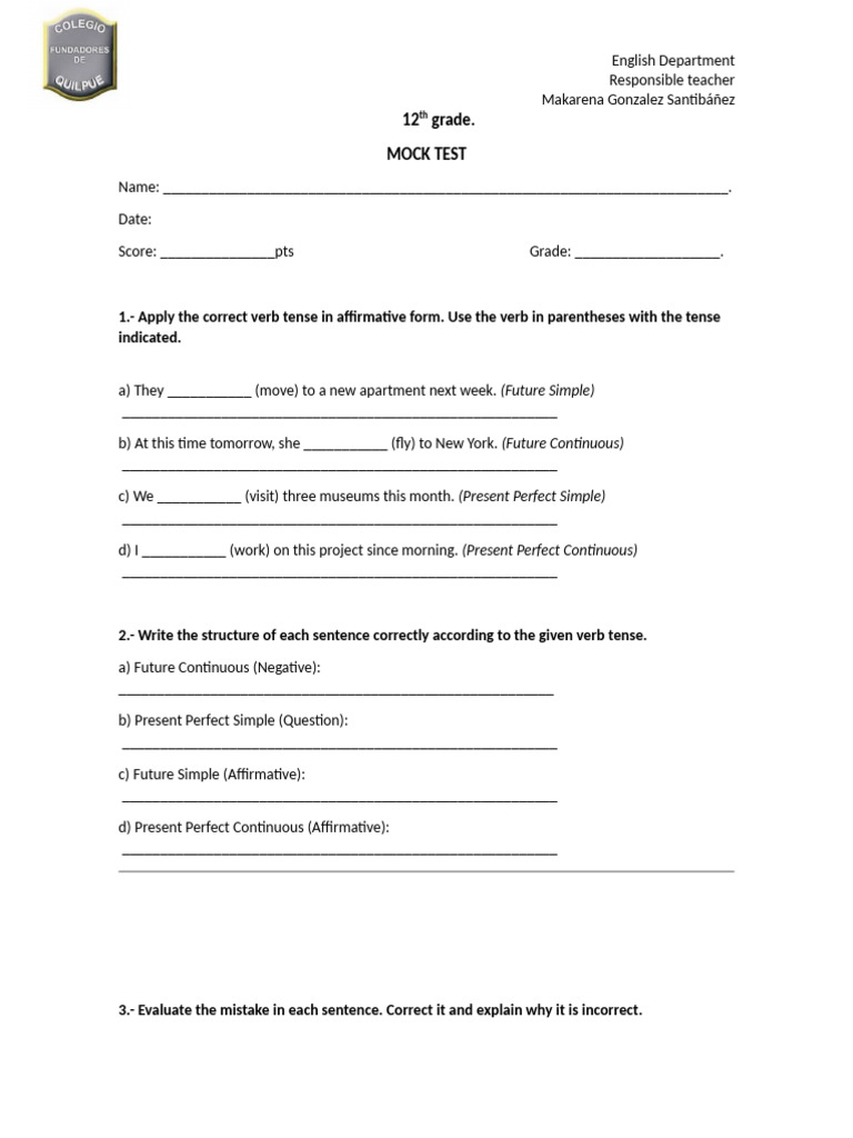 12th Grade English Mock Test on Verb Tenses | PDF | Language Mechanics ...