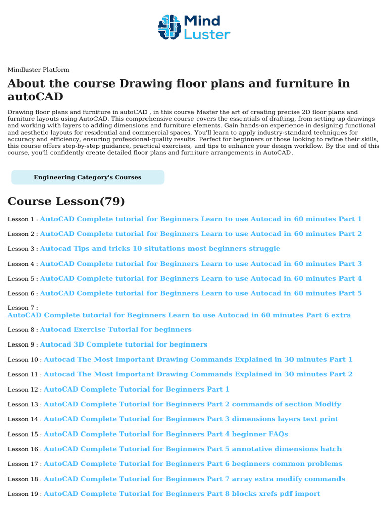 Drawing Floor Plans and Furniture in AutoCAD Course Content | PDF ...