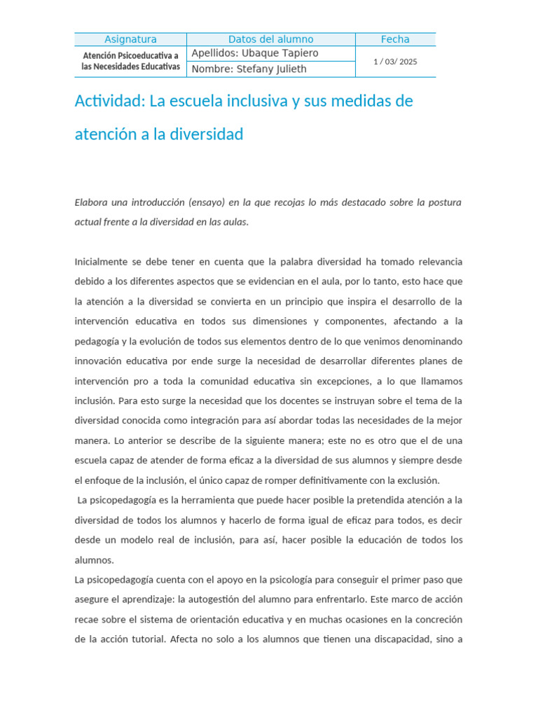 Actividad La Escuela Inclusiva | PDF | Inclusión (Educación) | Plan de ...