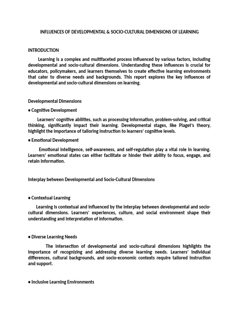 Developmental and Socio-cultural Dimensions of Learning | PDF ...