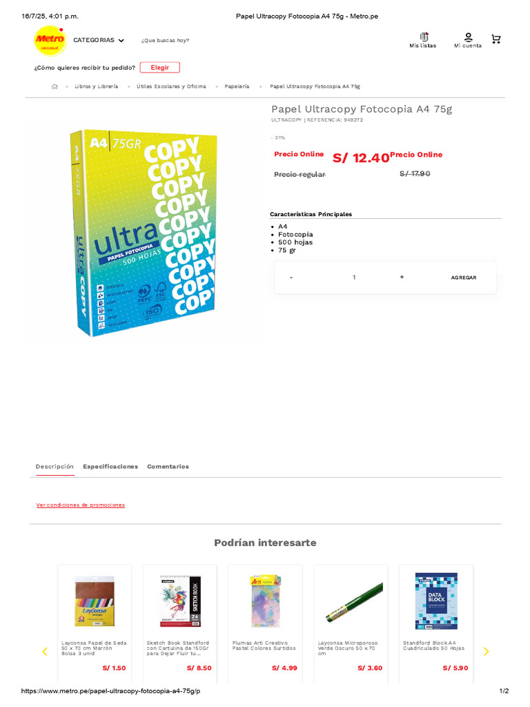 Papel Ultracopy A4 75g en Metro.pe | PDF