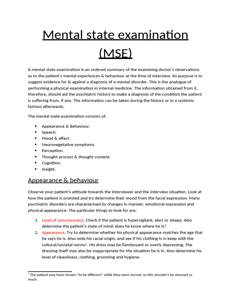 Mental State Examination Overview | PDF | Hallucination | Behavioural ...
