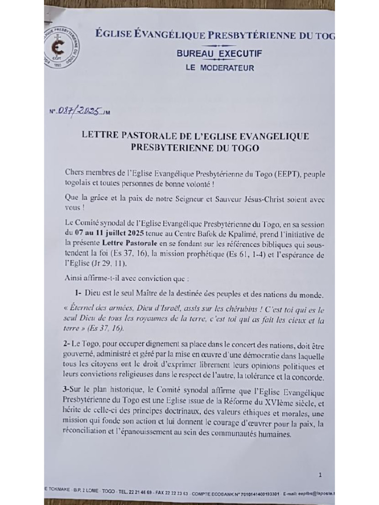Lettre Pastorale de l'EEPT A Ses Membres Peuple Togolais Et A Toute Les ...