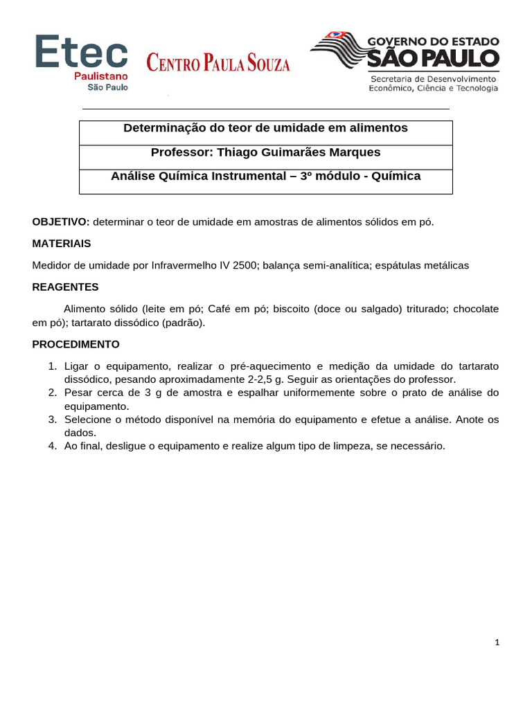 Teor de Umidade em Alimentos Sólidos | PDF