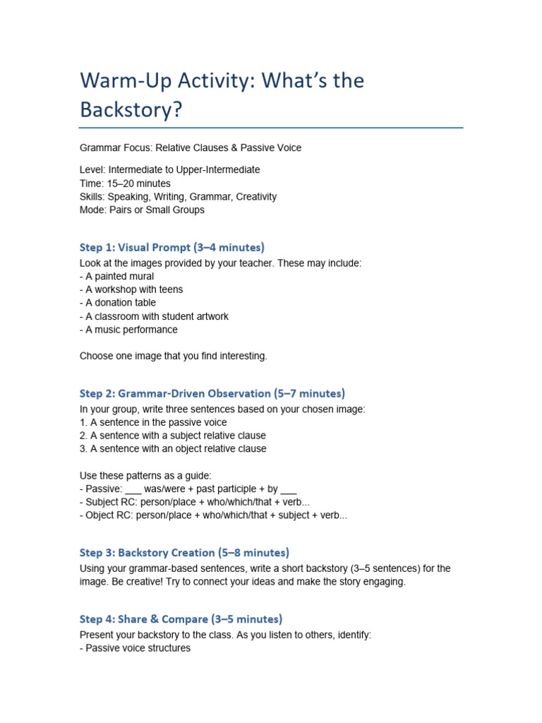 Warm Up What Is The Backstory | PDF