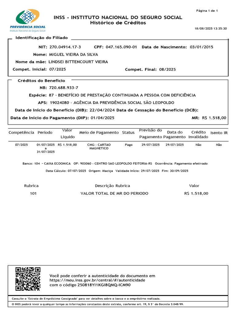 Extrato de Benefício INSS 2025 | PDF