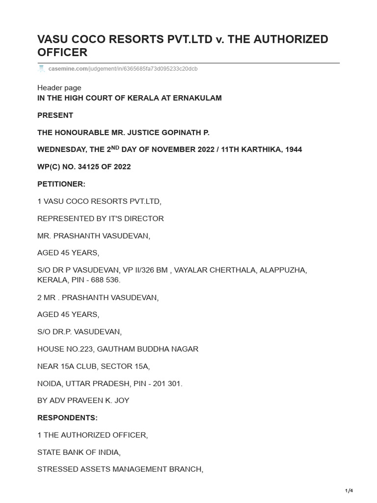 Vasu Coco Resorts PVTLTD V The Authorized Officer | PDF | Justice ...