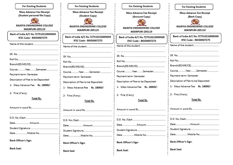 Mess Advance Fee Receipt Template | PDF | Payments | Money