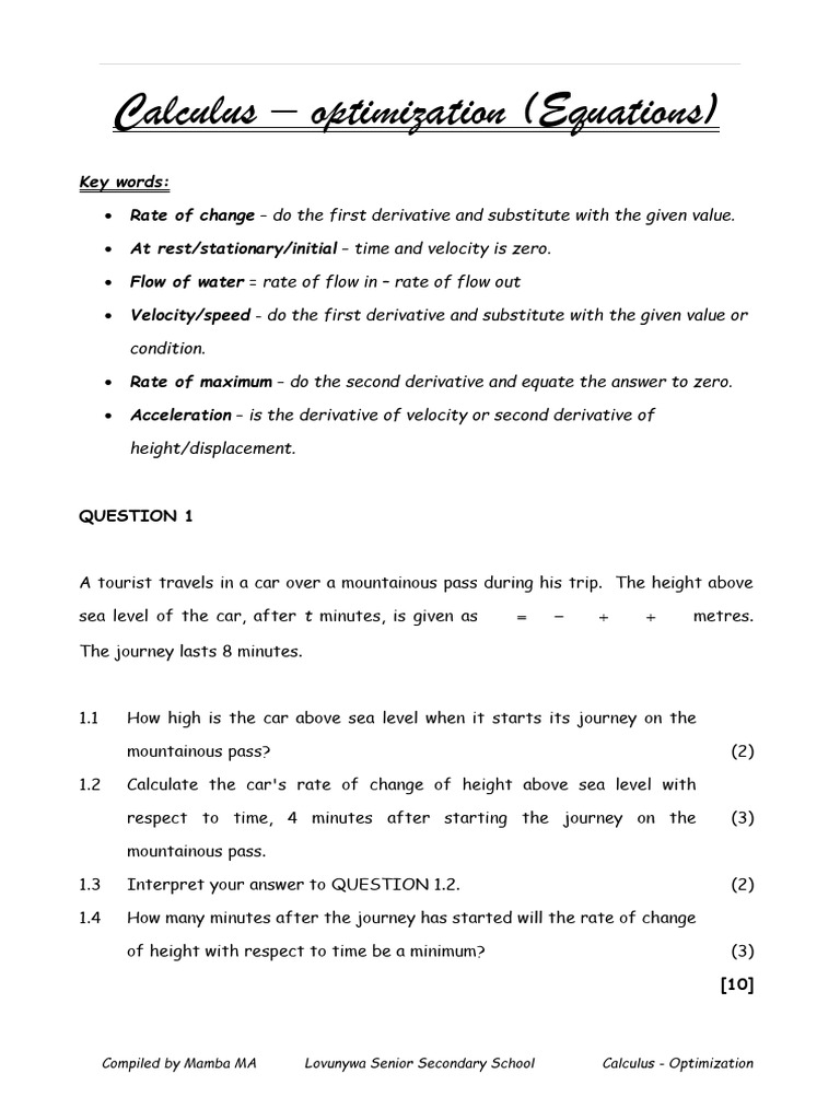 Grade 12 Optimization Calculus Guide | PDF | Velocity | Area
