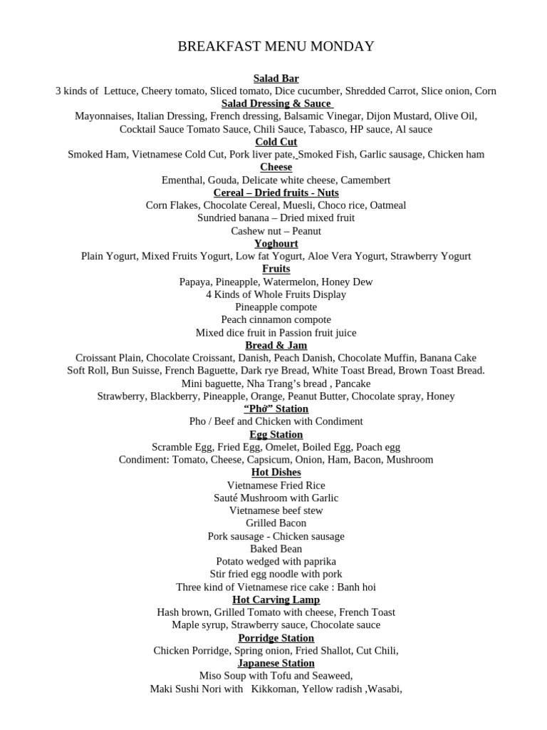 BREAKFAST MENU MONDAY New | PDF | Vietnamese Cuisine | French Cuisine