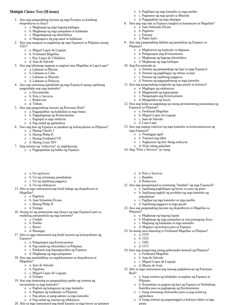 Multiple Choice Test (50 Items) : o o o o o o o | PDF