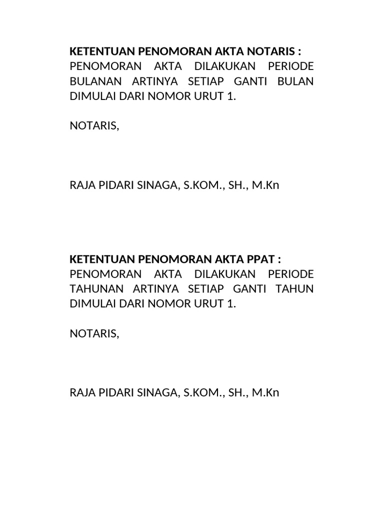 Ketentuan Penomoran Akta Notaris | PDF
