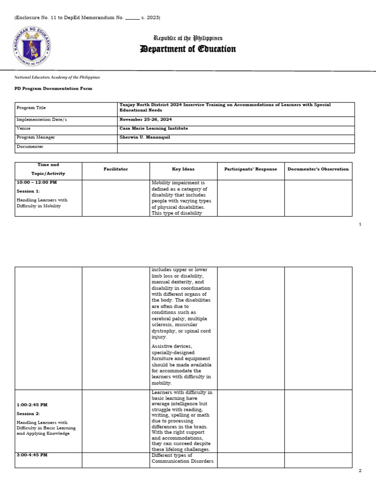 Enclosure No. 11 PD Program Documentation Form SNED | PDF | Learning ...