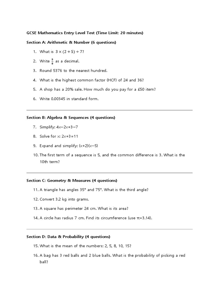 GCSE Maths Entry Level Test Questions | PDF