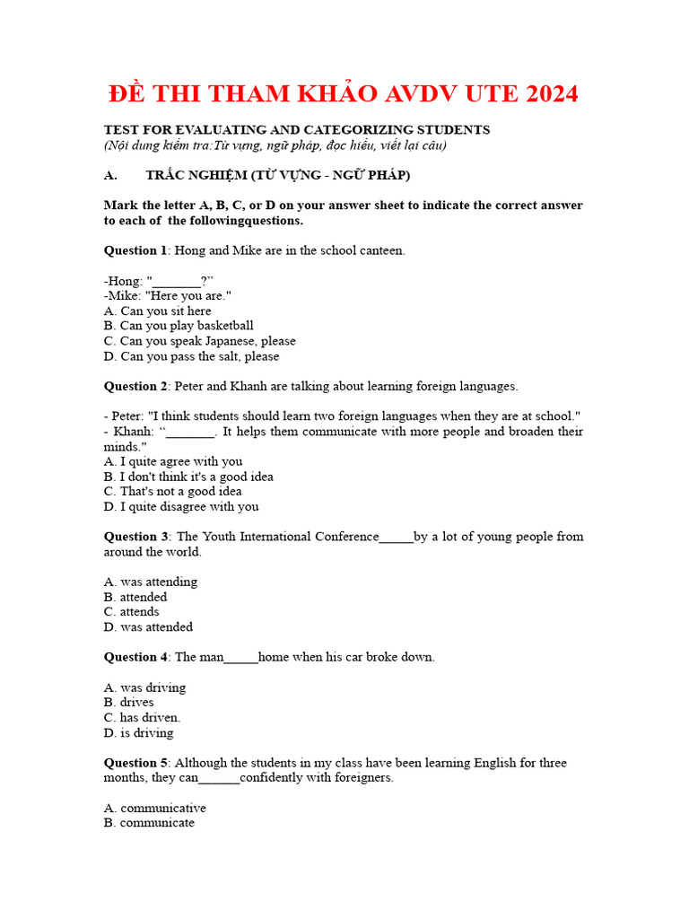 Đề Thi AVDV UTE 2024 | PDF