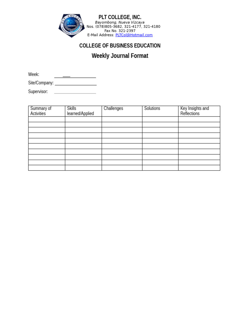 PLT College Weekly Journal Template | PDF
