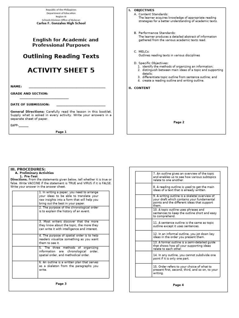 Outlining Reading Texts Activity Sheet | PDF | Camera | Thesis