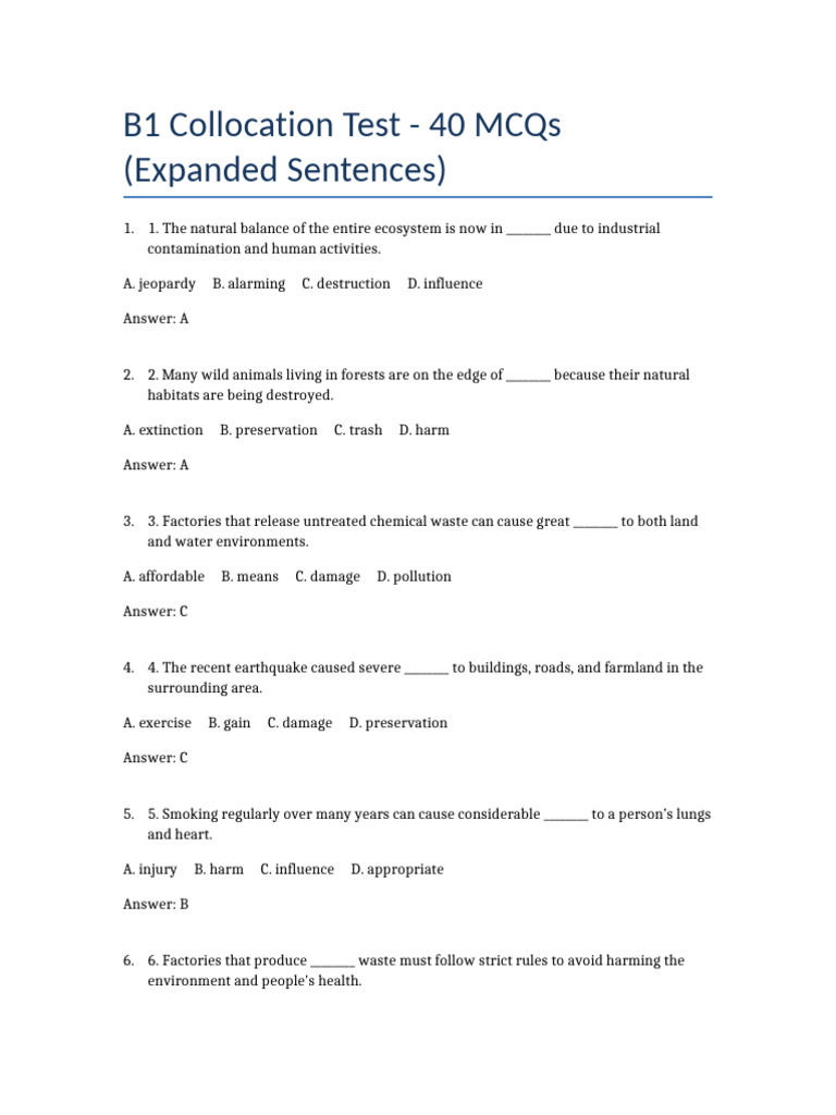 B1 Collocation Test: 40 MCQs | PDF | Extinction | Waste