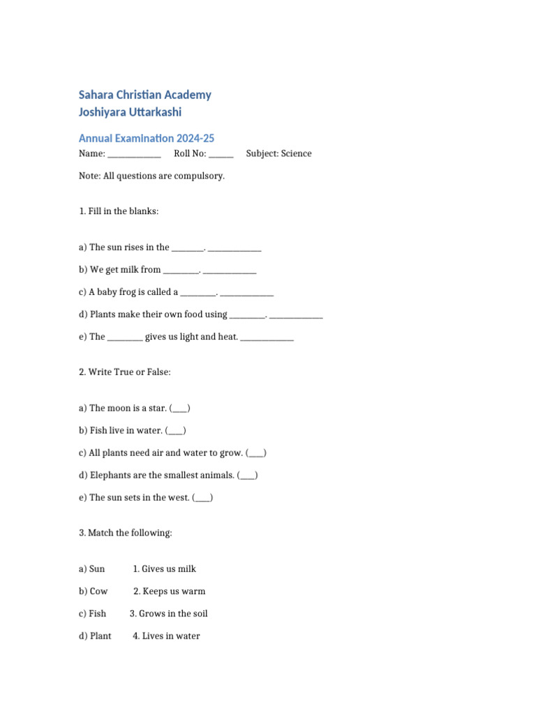 Class 1 Science Exam Paper 2024-25 | PDF