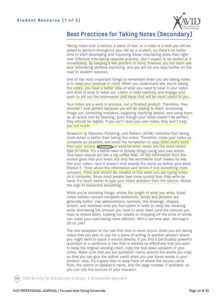 Practices For Taking Notes AVID | PDF | Human Communication