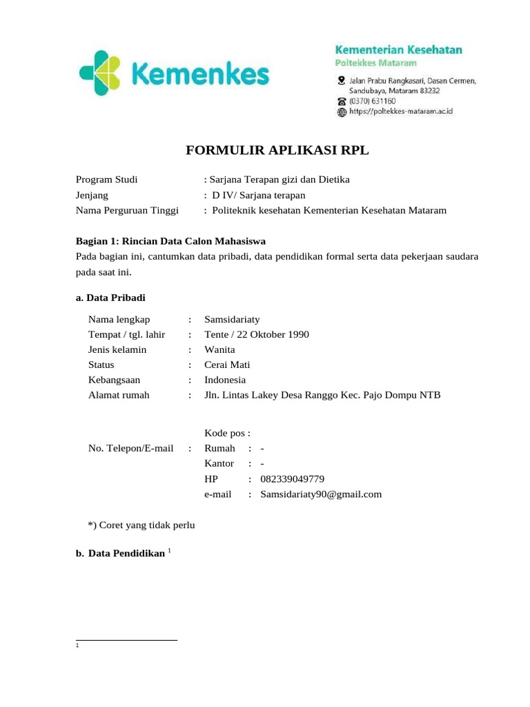 Formulir RPL Gizi Poltekkes Mataram | PDF