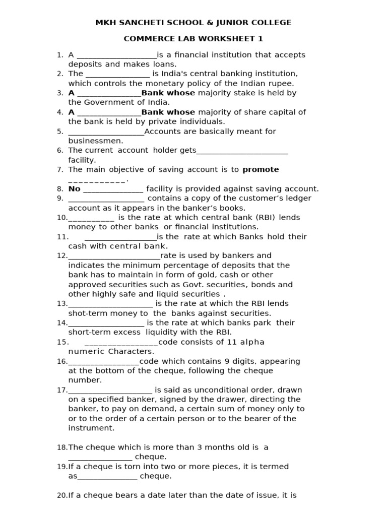Commerce Lab Worksheet for Students | PDF | Banks | Reserve Bank Of India