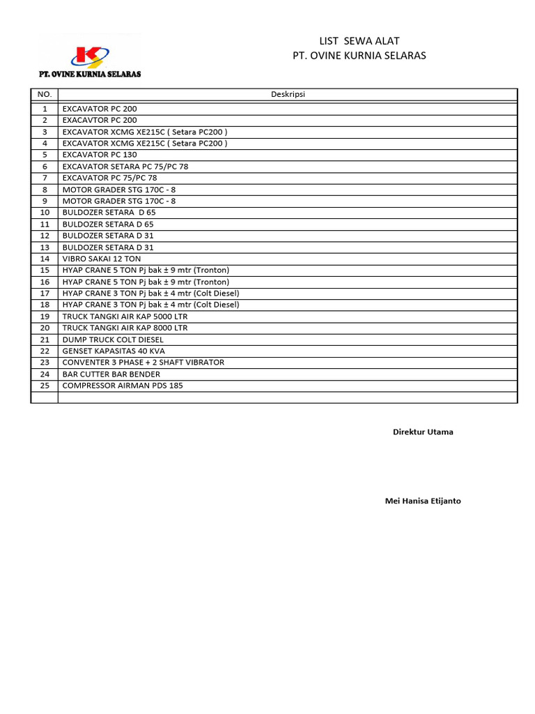 Excavator and Heavy Equipment Rental List | PDF