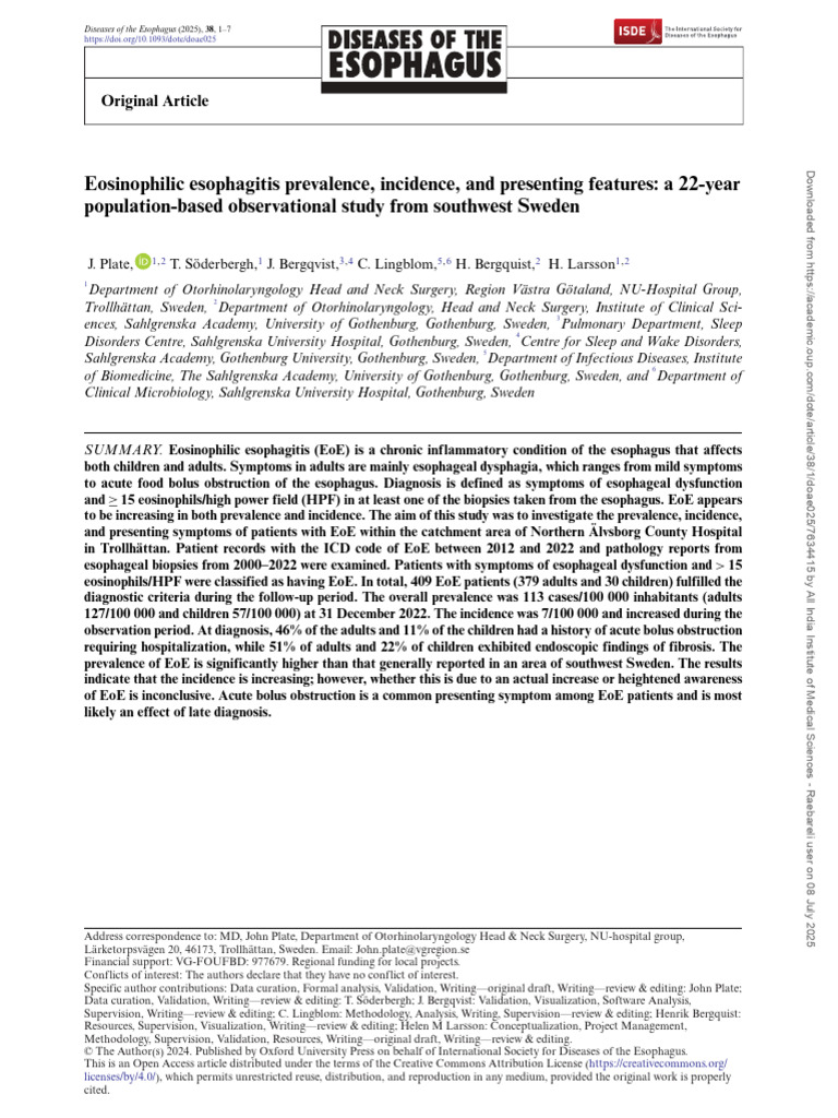 Eosinophilic Esophagitis Trends in Sweden | PDF | Esophagus ...