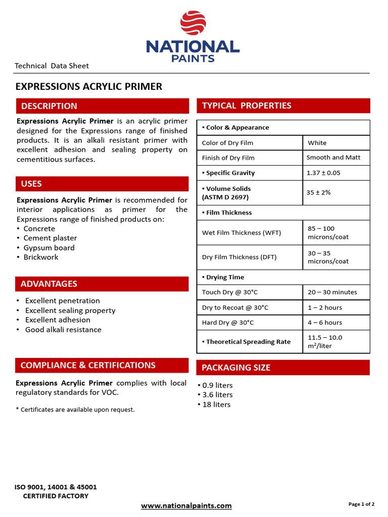 National Acrylic Primer Specifications | PDF | Paint | Acrylic Paint