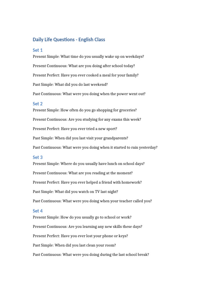 Daily Life Questions for English Practice | PDF