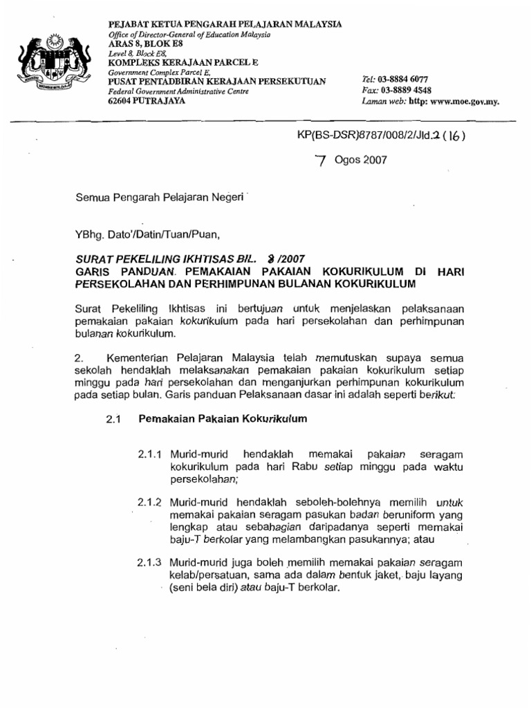 Surat Pekeliling Ikhtisas Bil 8 2007 Garis Panduan Pemakaian Pakaian Kokurikulum Di Hari Persekolahan Dan An Bulanan Kokurikulum Pdf
