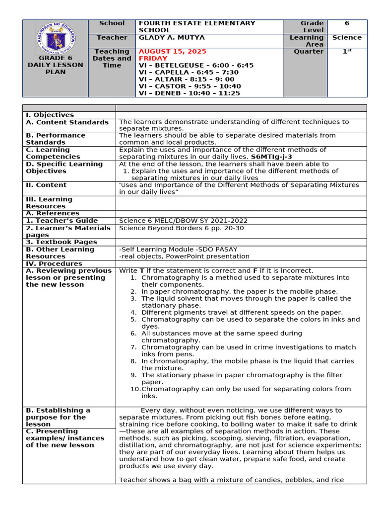 Grade 6 Science: Separating Mixtures Lesson Plan | PDF | Chromatography ...