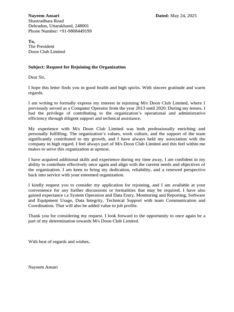 Rejoining Application for Doon Club Limited | PDF